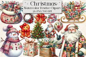 Watercolor Festive Christmas Clipart, an Illustration by Libby Wishes