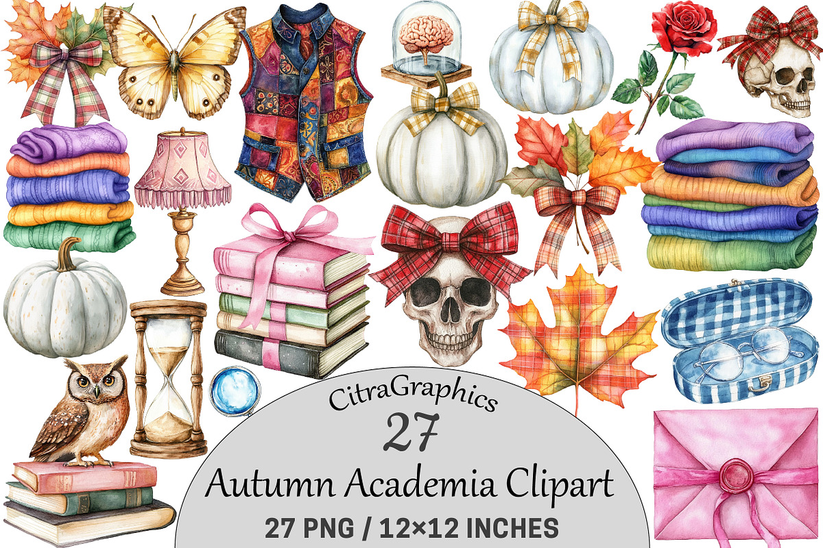 Watercolor Autumn Academia Clipart, a Seasonal Illustration by CitraGraphics (Photo 1 of 6)