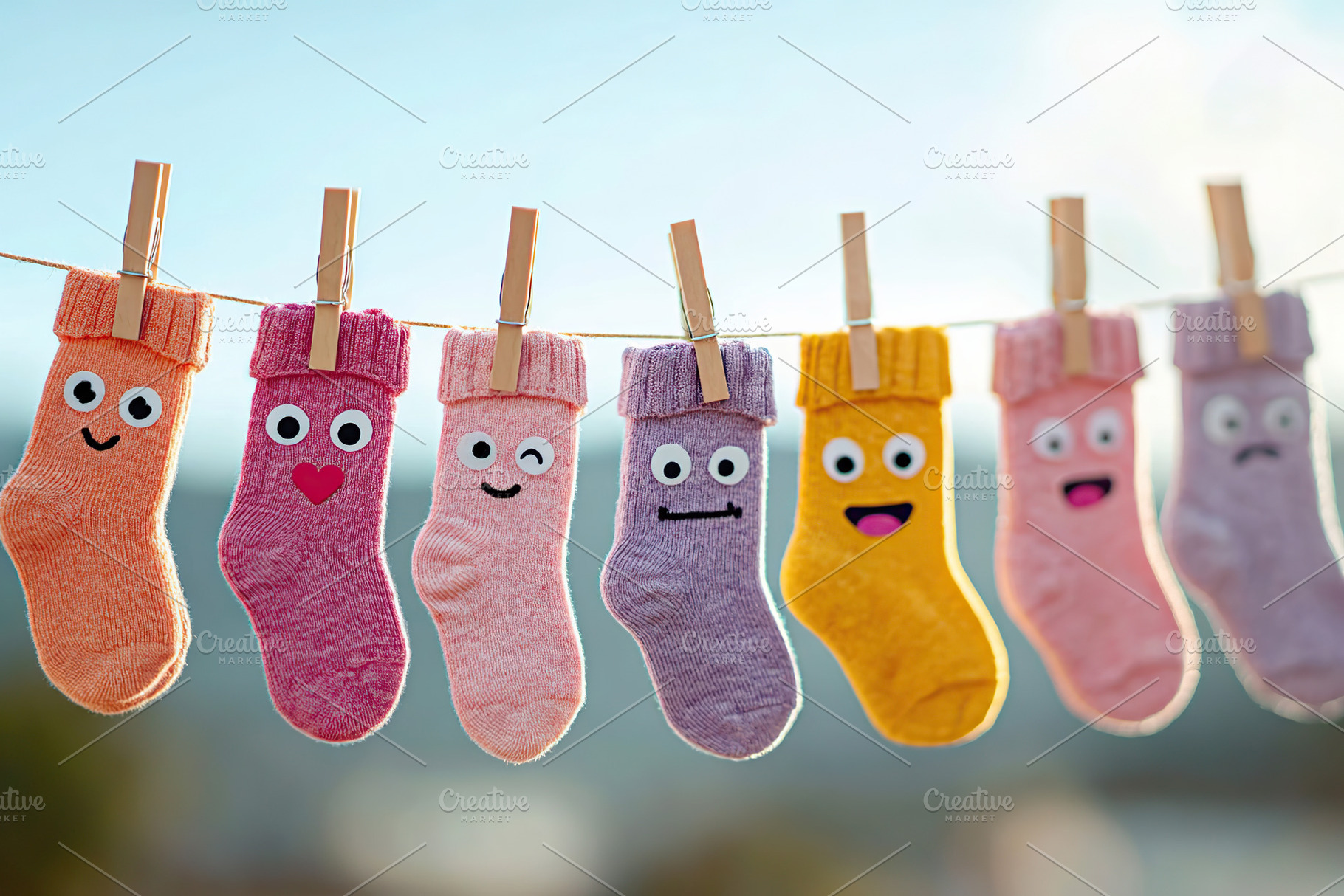 Colorful socks with googly eyes hang playfully from a clothesline in bright sun, a Beauty & Fashion Photo by AlyaAnd
