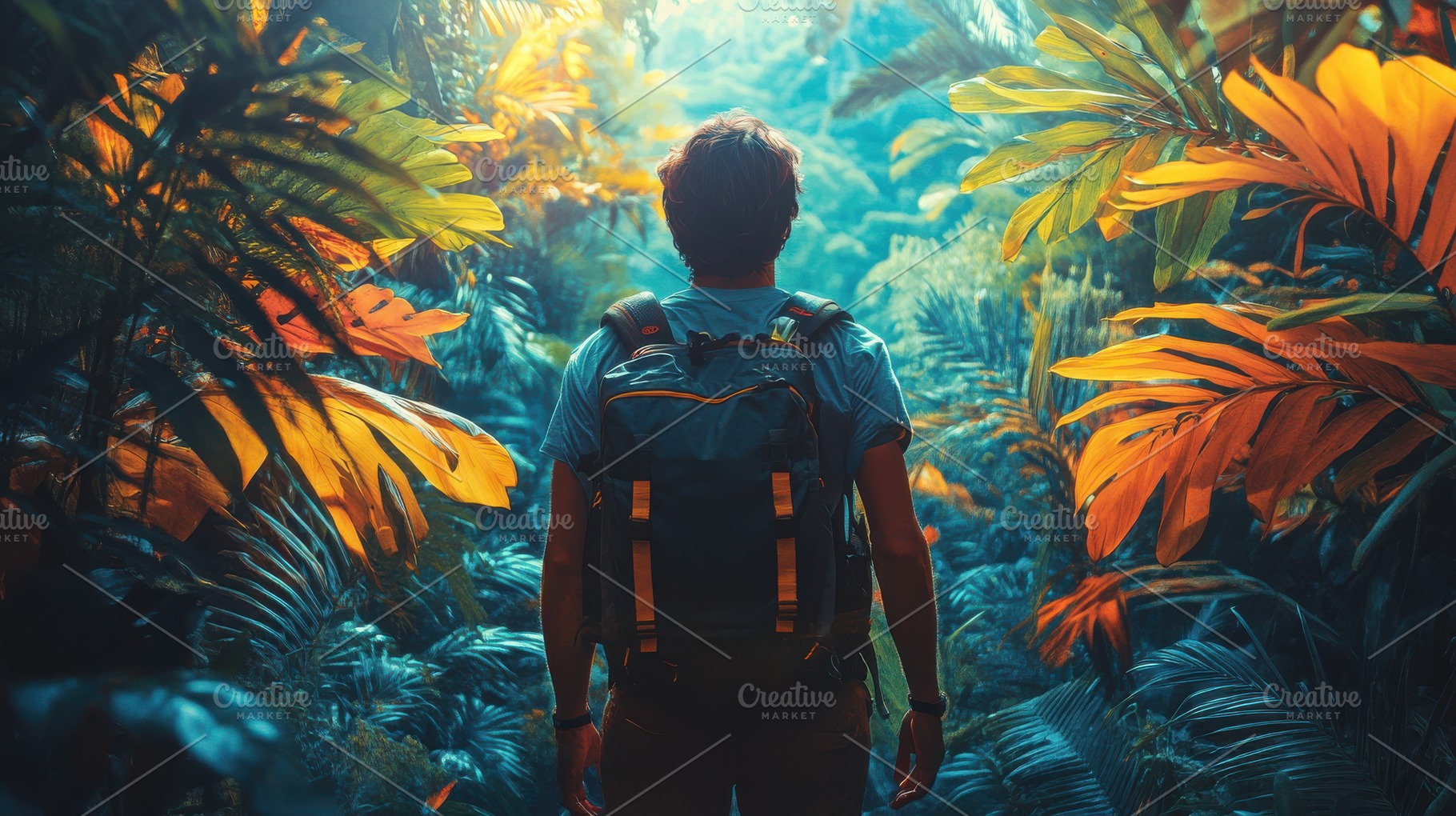 Backpacker explores vibrant tropical, a Photo by Pixeness Studio