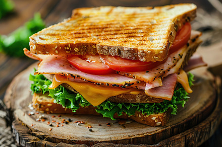 Toast sandwich with cheese, turkey ham, tomato and fresh lettuce on cutting boa, a Food & Drink Photo by AlyaAnd