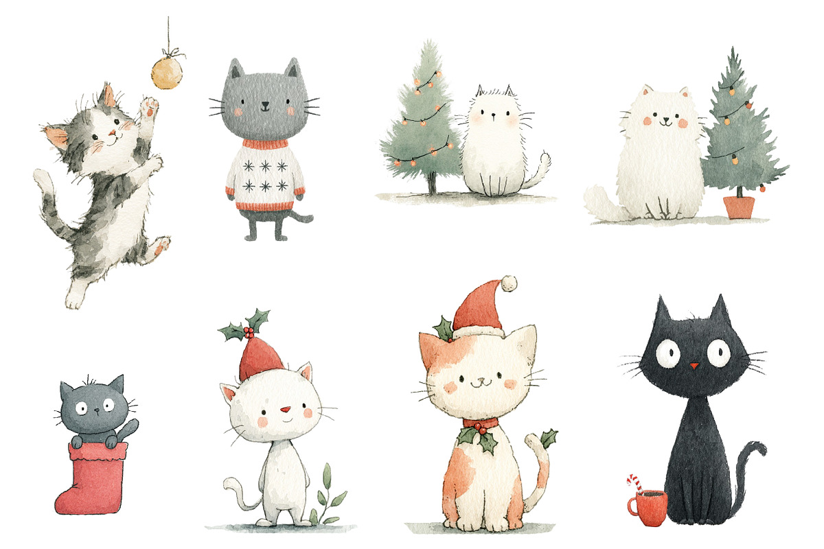 Watercolor Christmas cat clipart, an Illustration by Designworld (Photo 3 of 4)
