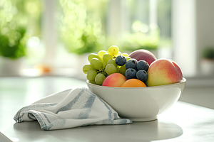Fresh summer fruits arranged in a ceramic bowl on a bright countertop, a Food & Drink Photo by AlyaAnd