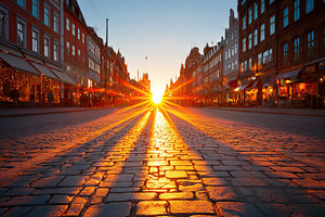 Sunset casts long shadows on cobblestone street in charming old town, a Photo by AlyaAnd