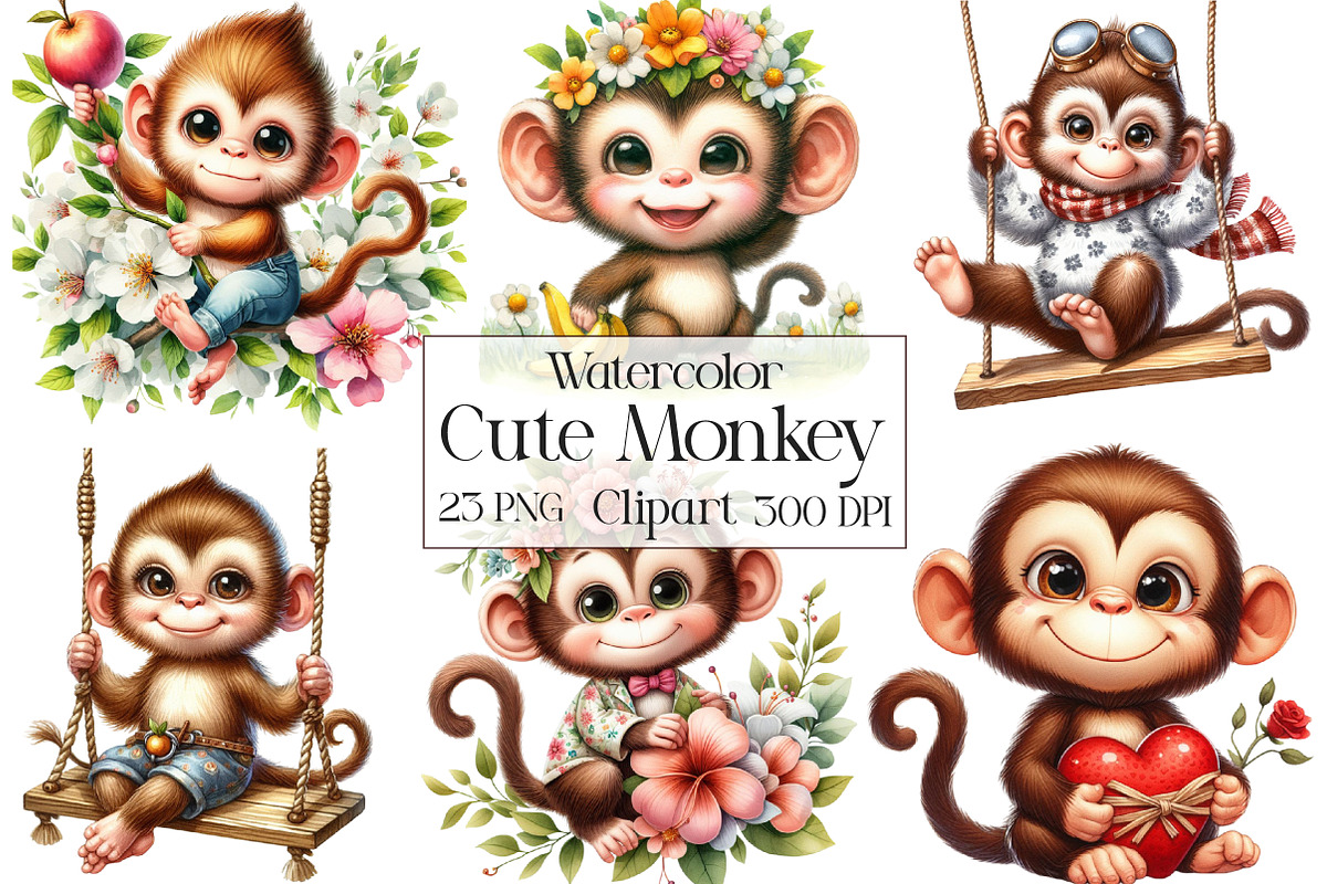 Watercolor Funny Monkey Clipart, an Illustration by CraftArtStudio (Photo 1 of 5)