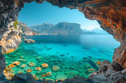 Stunning Summer View of Coastal Landscape Through Natural Cave Frame, a Photo by AS photostudio