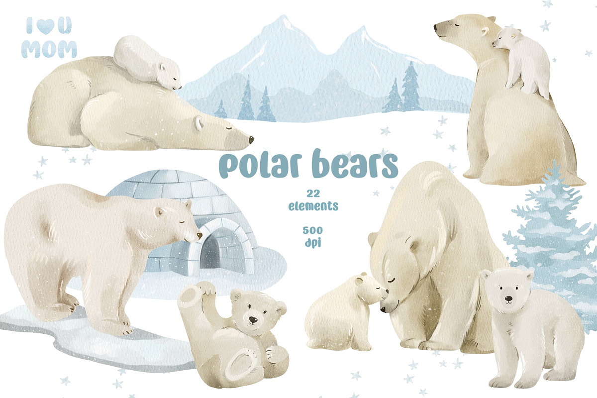 Watercolor Polar Bears Clipart, an Object Graphic by ArtGiftsStudio (Photo 1 of 5)