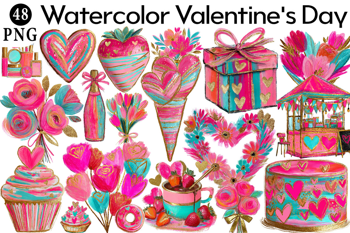 Watercolor Valentine's Day Clipart B, an Illustration by Daily.Designs (Photo 1 of 5)