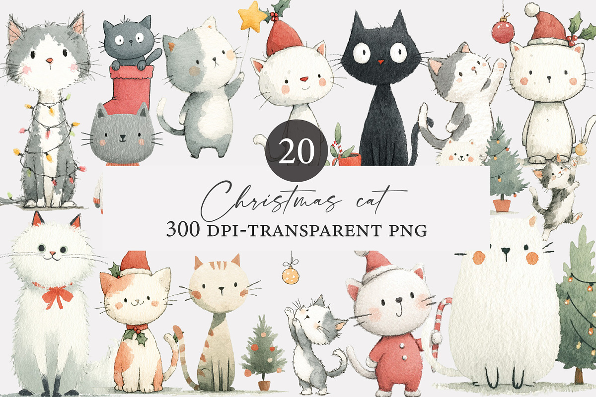 Watercolor Christmas cat clipart, an Illustration by Designworld (Photo 1 of 4)