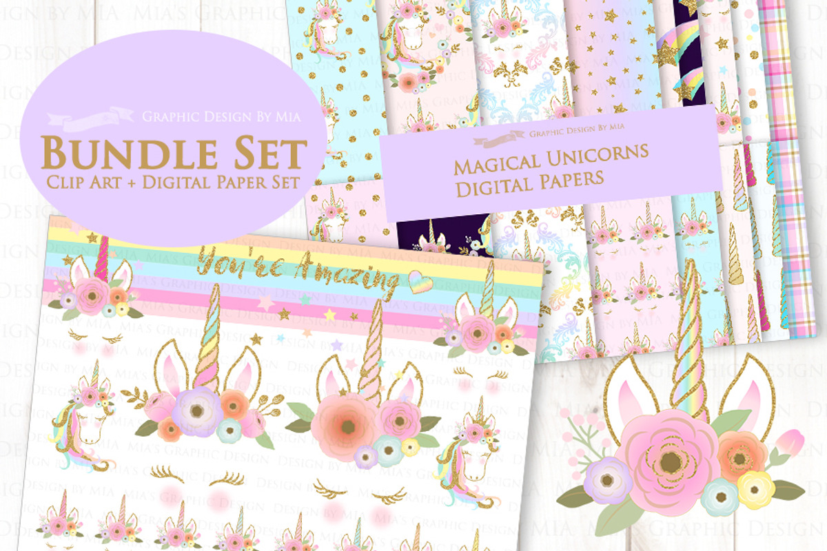 Unicorn Faces Gold Clipart, Pattern, an Illustration by Mia's Graphic Design (Photo 3 of 11)