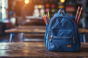 Modern school backpack on blurred classroom background. Back To, a School & Education Photo by AlyaAnd