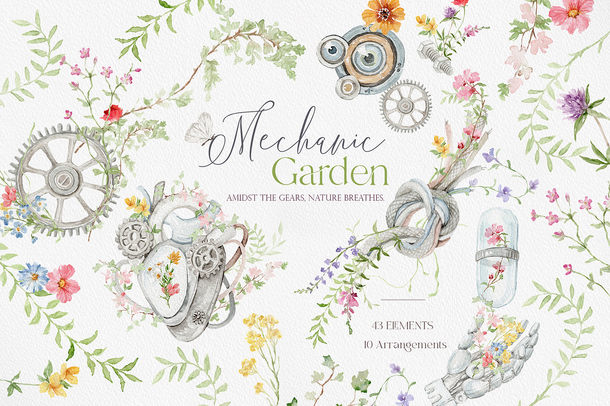 Watercolor MECHANIC GARDEN FLORAL, a Decorative Illustration by Beigetime (Photo 1 of 9)