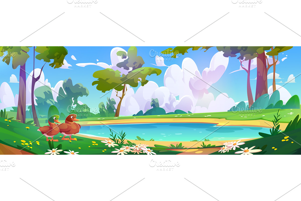 Duck couple stand by lake shore in, an Animal Illustration by art PVP - market