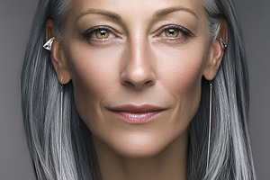 Stunning portrait of a confident woman with silver hair in a studio setting, a Person Photo by AlyaAnd