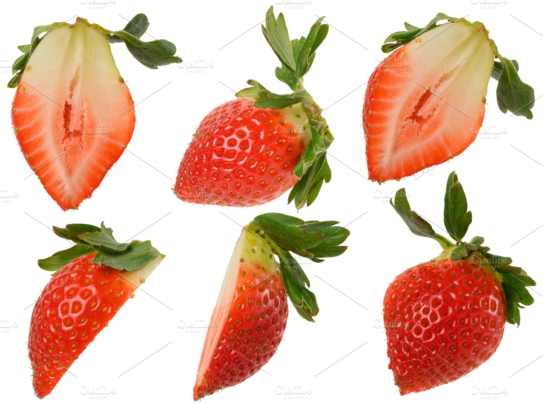 Set of halves of fresh ripe strawberries with green sepals, isol, a Food & Drink Photo by ndanko