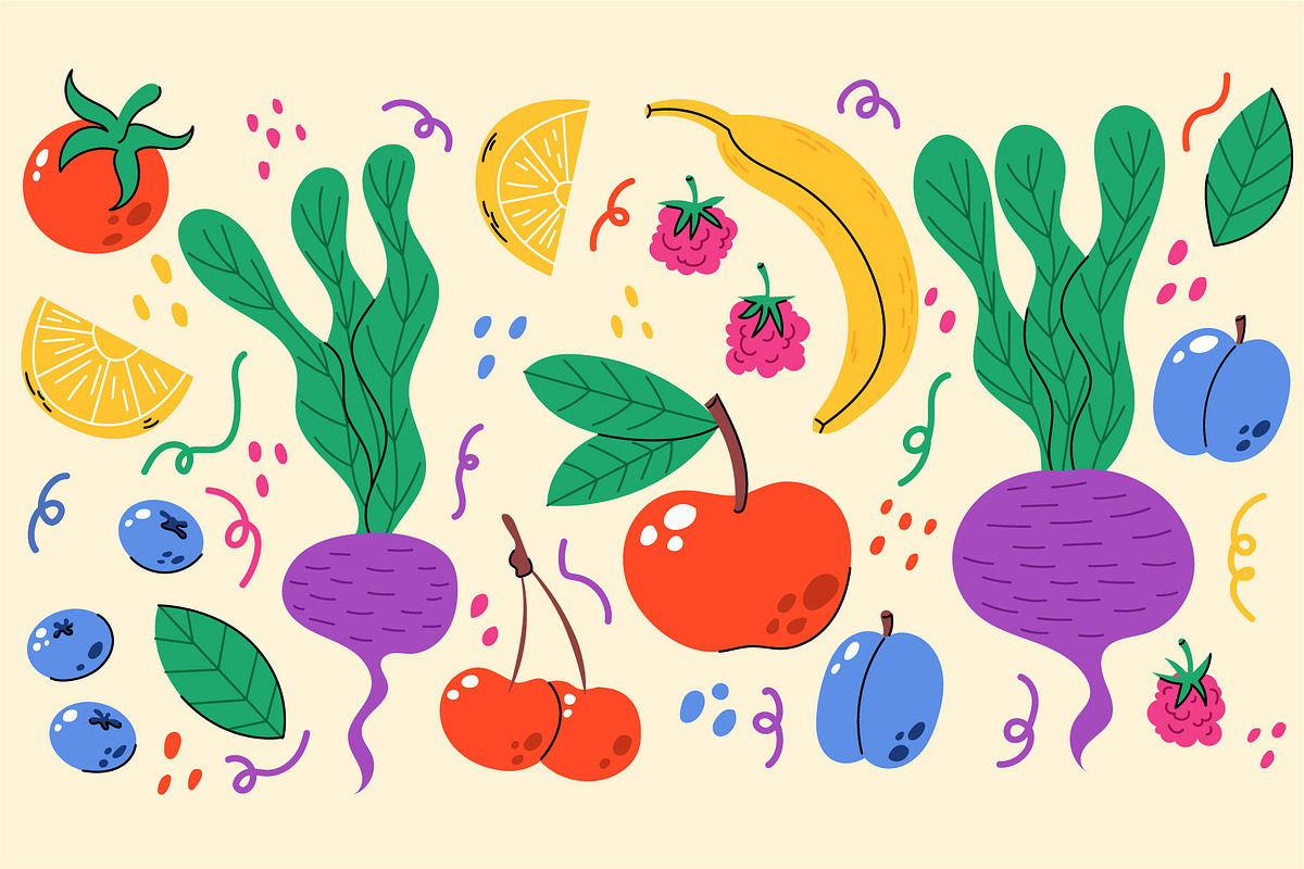 Doodle fruits & vegetables set, a Food Illustration by Thkatefox (Photo 1 of 4)