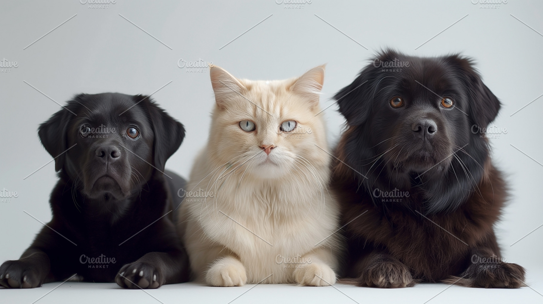 A charming trio: a black Labrador, a fluffy cream cat, and a dark brown dog pos, an Animal Photo by ImageMir