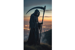Grim reaper figure in dark hooded, an Illustration by tilialucida