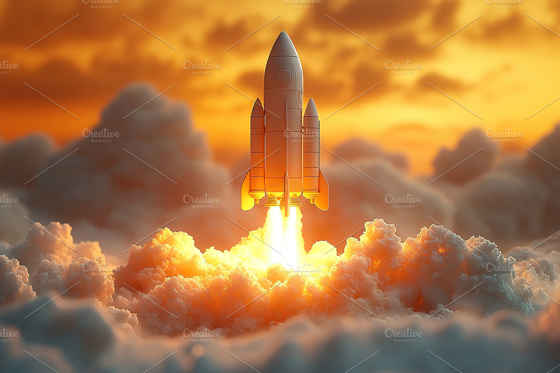 Launch of a white rocket on orange background, white smoke and c, an Abstract Photo by AlyaAnd