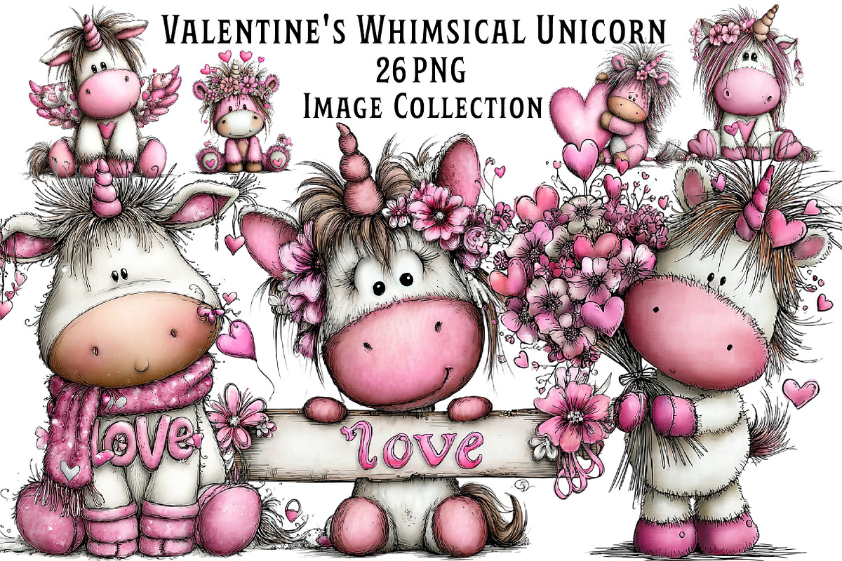 Valentine Whimsical Unicorn Clipart, an Illustration by Dream Creation (Photo 1 of 7)