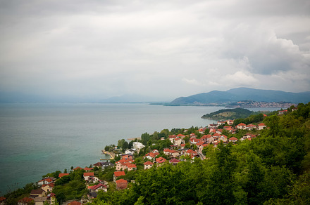 Panoramic aerial view to Ohrid lake and city from Konjsko, Elshani, North Maced