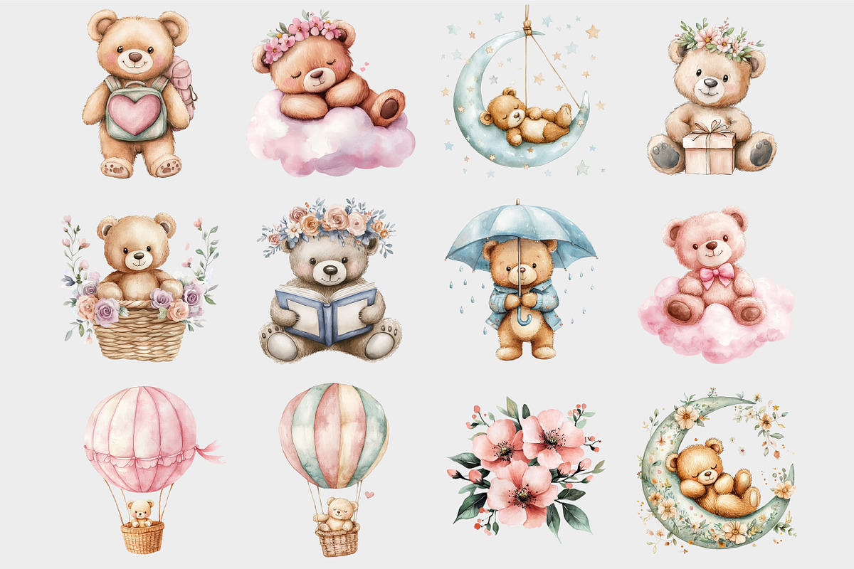 Watercolor Pink Teddy Bear Clipart, a Seasonal Illustration by Design Market (Photo 4 of 5)