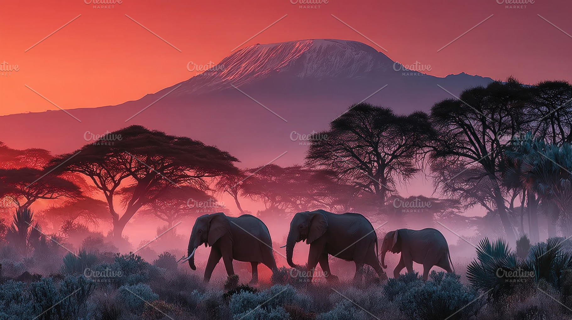 African elephants walking through savanna at sunrise with Mount, a Nature Photo by José Manuel Gelpi