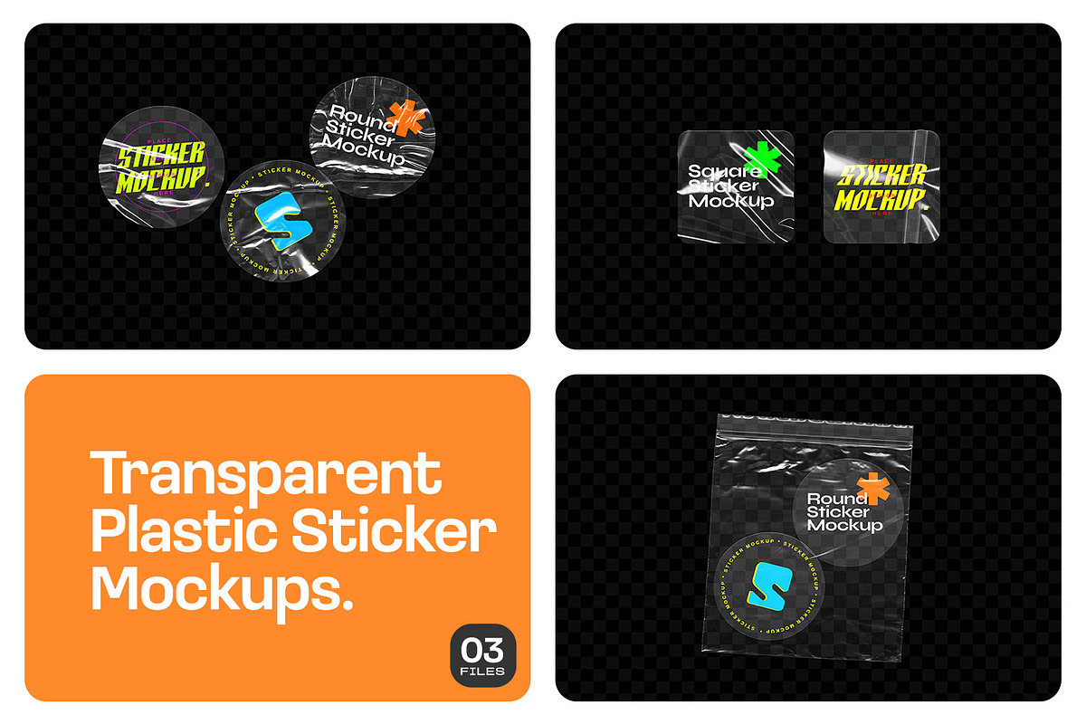Transparent Plastic Sticker Mockups, an Advertising Mockup by MahmoudWally (Photo 1 of 5)
