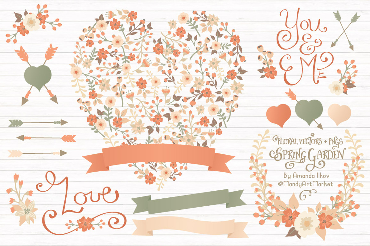 Peach Floral Heart & Banner Vectors, an Illustration by Amanda Ilkov (Photo 1 of 4)