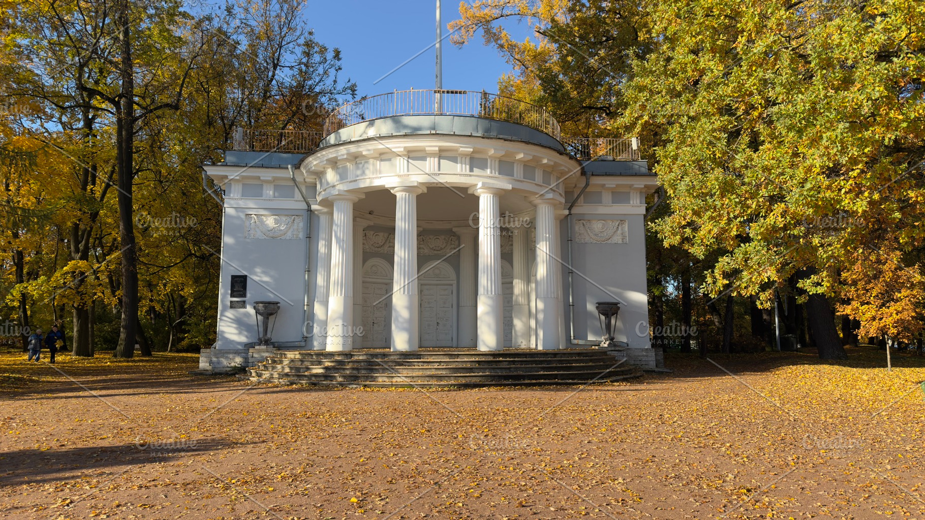 A white classical building with columns surrounded by autumn trees and fallen l, a Nature Photo by Textures & Backgrounds