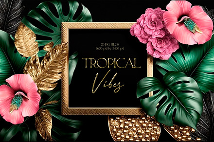 Tropical greenery and floral graphic, a Background Graphic by HAPPY PUPPY SHOP