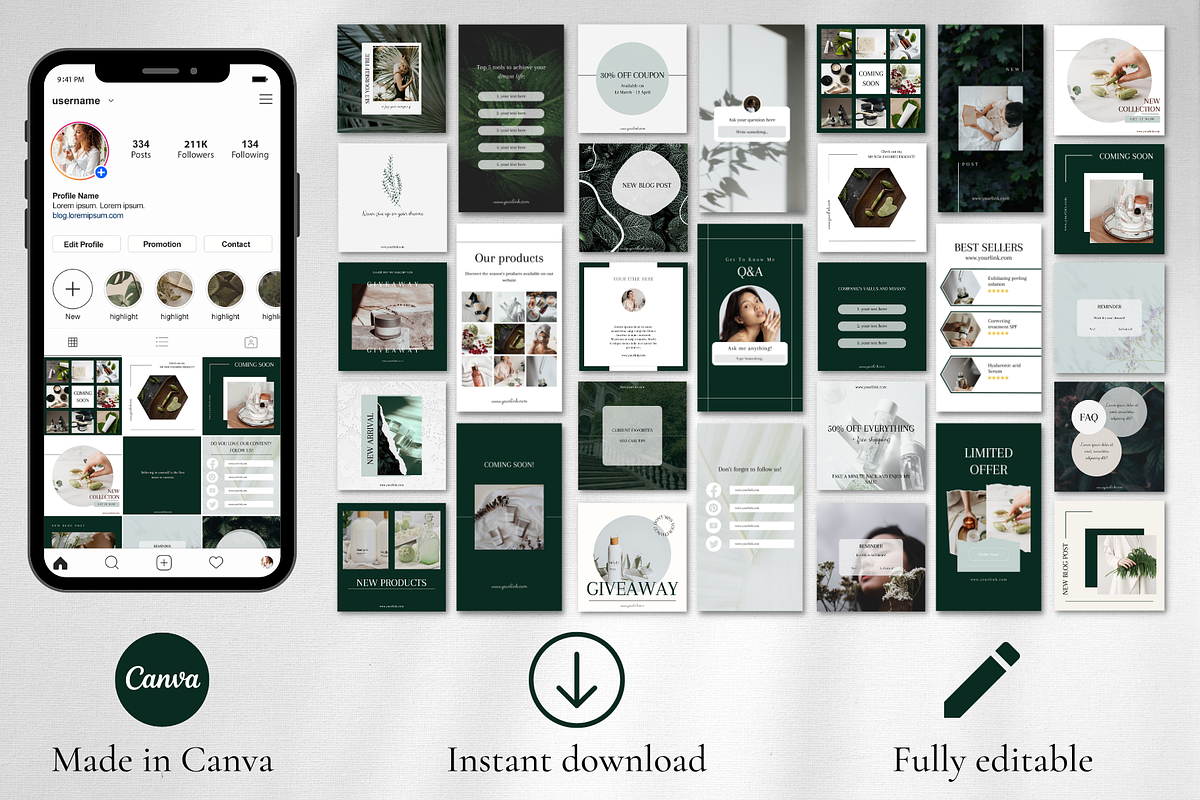 100 Green Instagram Templates Canva, a Social Media Template by IRISEA DESIGNS (Photo 2 of 4)