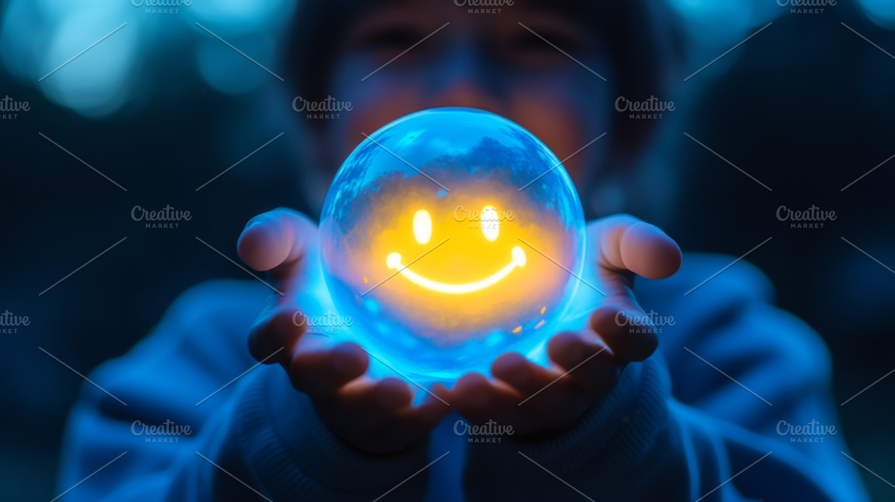 Glowing Smiley Face Sphere Held in Hands at Twilight, an Abstract Photo by Natalia Klenova's Shop