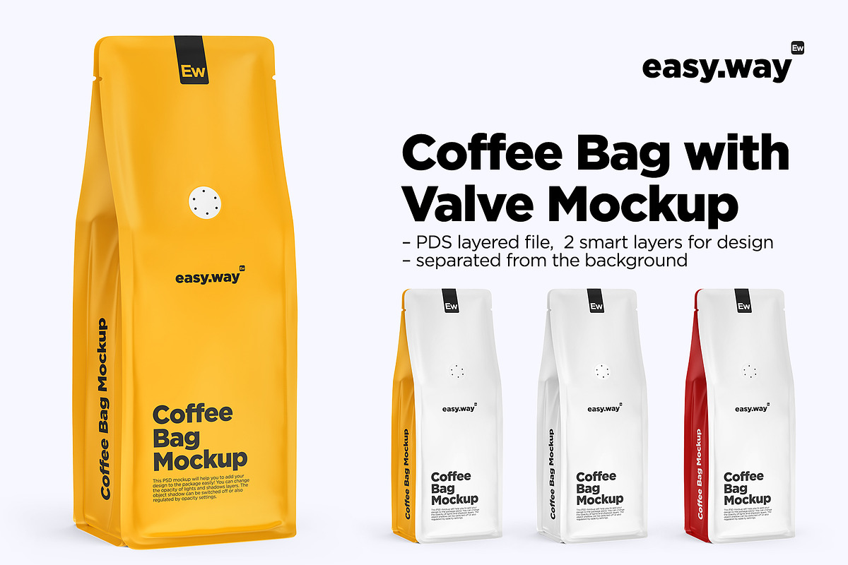 Coffee Bag with Valve PSD Mockup, a Packaging Mockup by easy.way (Photo 1 of 6)