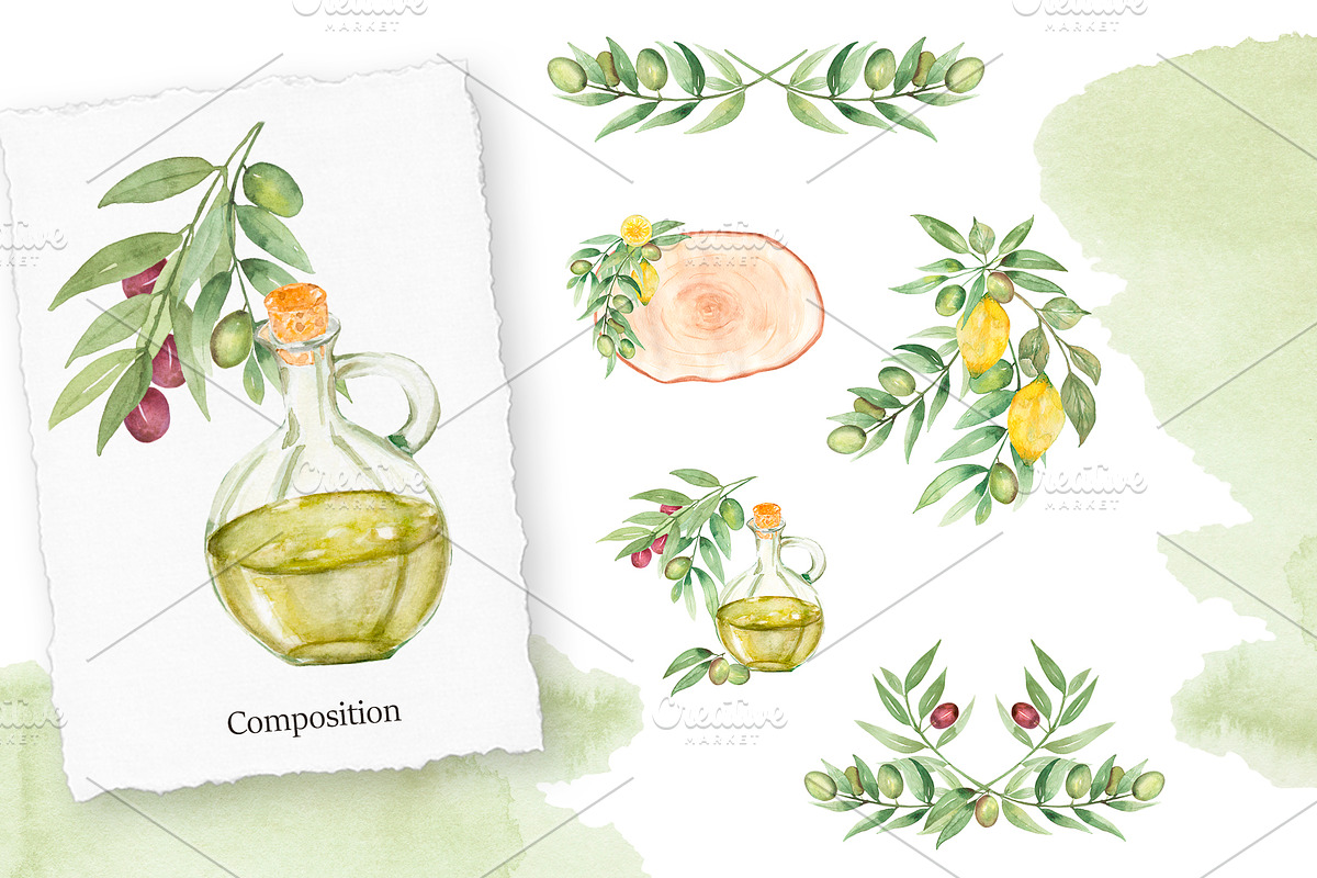 Watercolor Olive Collection, a Decorative Illustration by MayaNavits (Photo 5 of 10)
