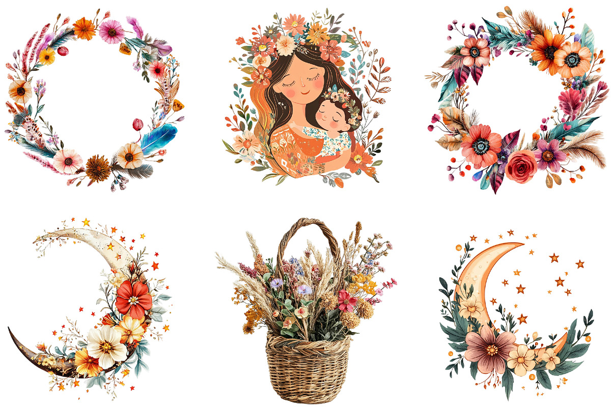 Boho Mother’s Day Clipart PNG Bundle, an Illustration by Designking (Photo 3 of 5)