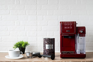 Coffee container and espresso machine on kitchen counter, a Food & Drink Photo by etorres69