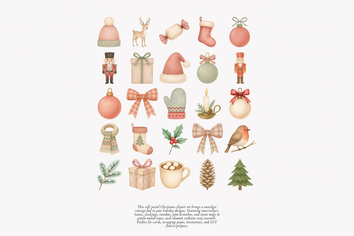 vintage pastel christmas clipart set, a Decorative Illustration by Patishop Art (Photo 7 of 9)