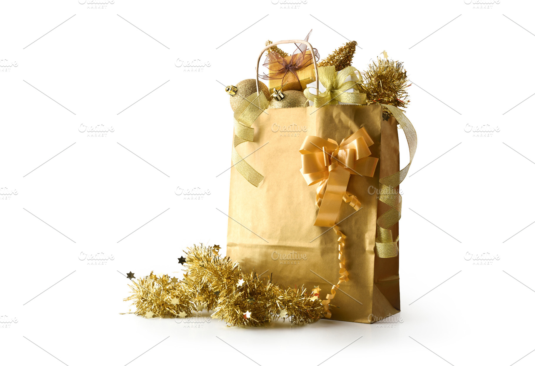 Golden paper gift bag full of Christmas decorations cut-ou, a Holiday Photo by Davizro's Market