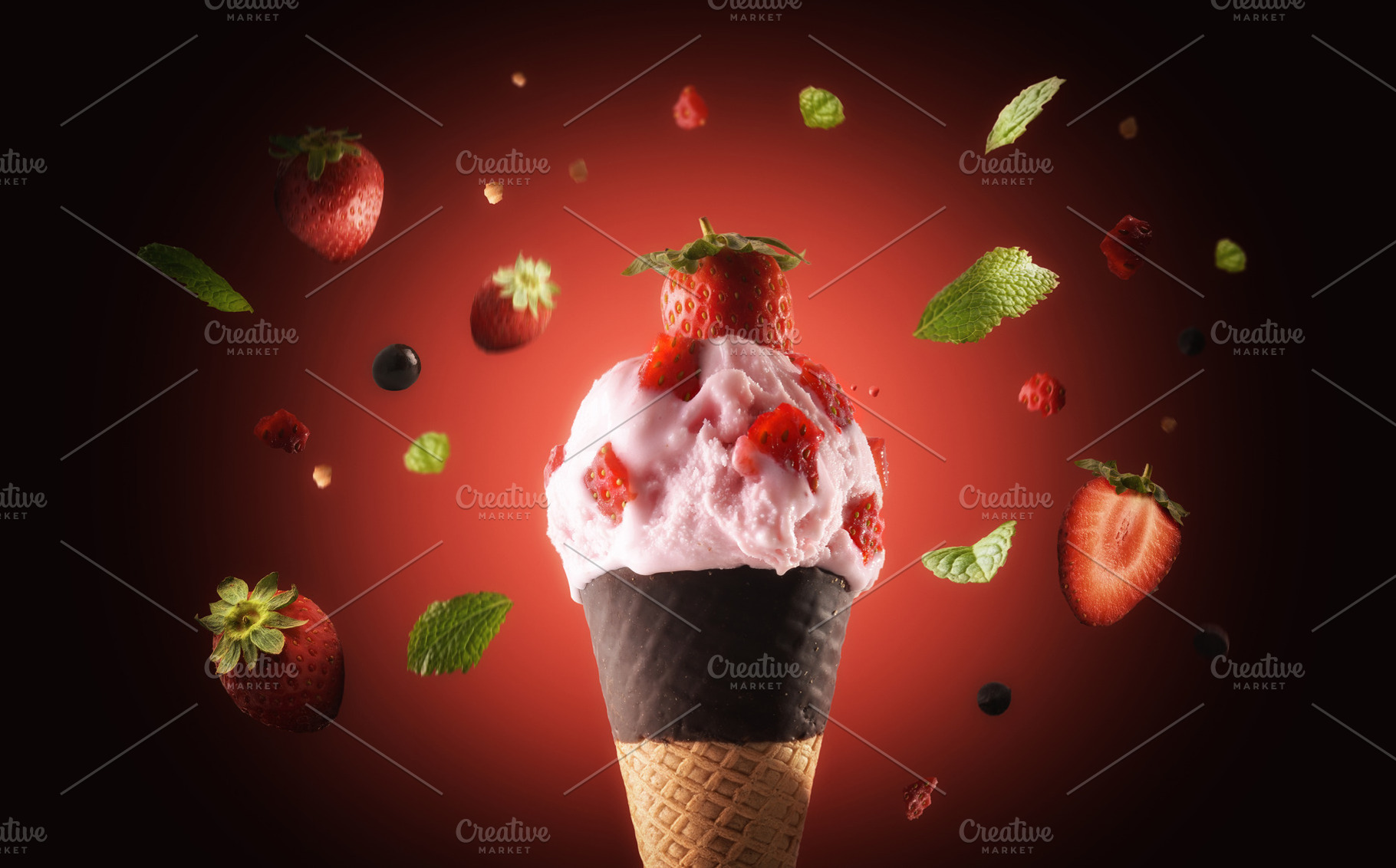 Strawberry Ice Cream Cone with Floating Ingredients, a Food & Drink Photo by Davizro's Market