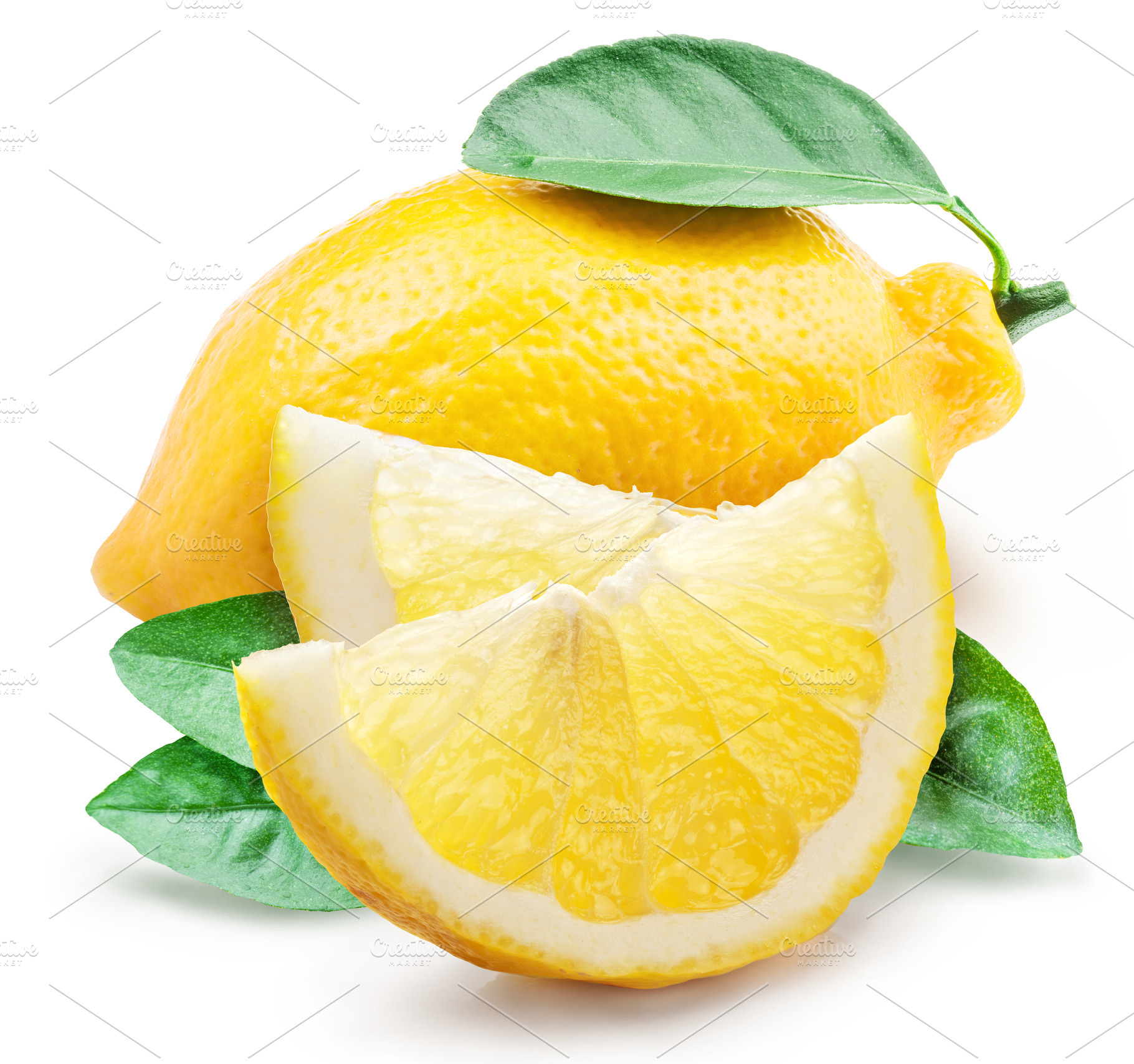 Ripe lemon fruits and lemon slices isolated on white background., a Food & Drink Photo by Volff