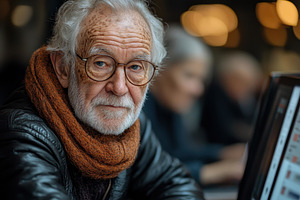 Elderly man with glasses and scarf e, a Photo by Tanuart