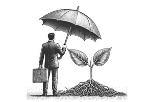 Businessman shielding plant with, a Person Illustration by AlexArt