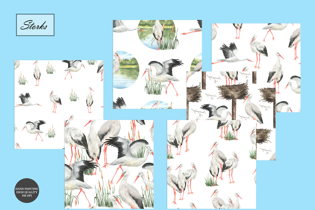 Watercolor Stork Seamless Patterns, an Animal Illustration by OlDm_Shop (Photo 8 of 10)