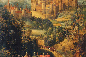 Medieval soldiers in red cloaks march along a winding path towar, a Nature Photo by José Manuel Gelpi