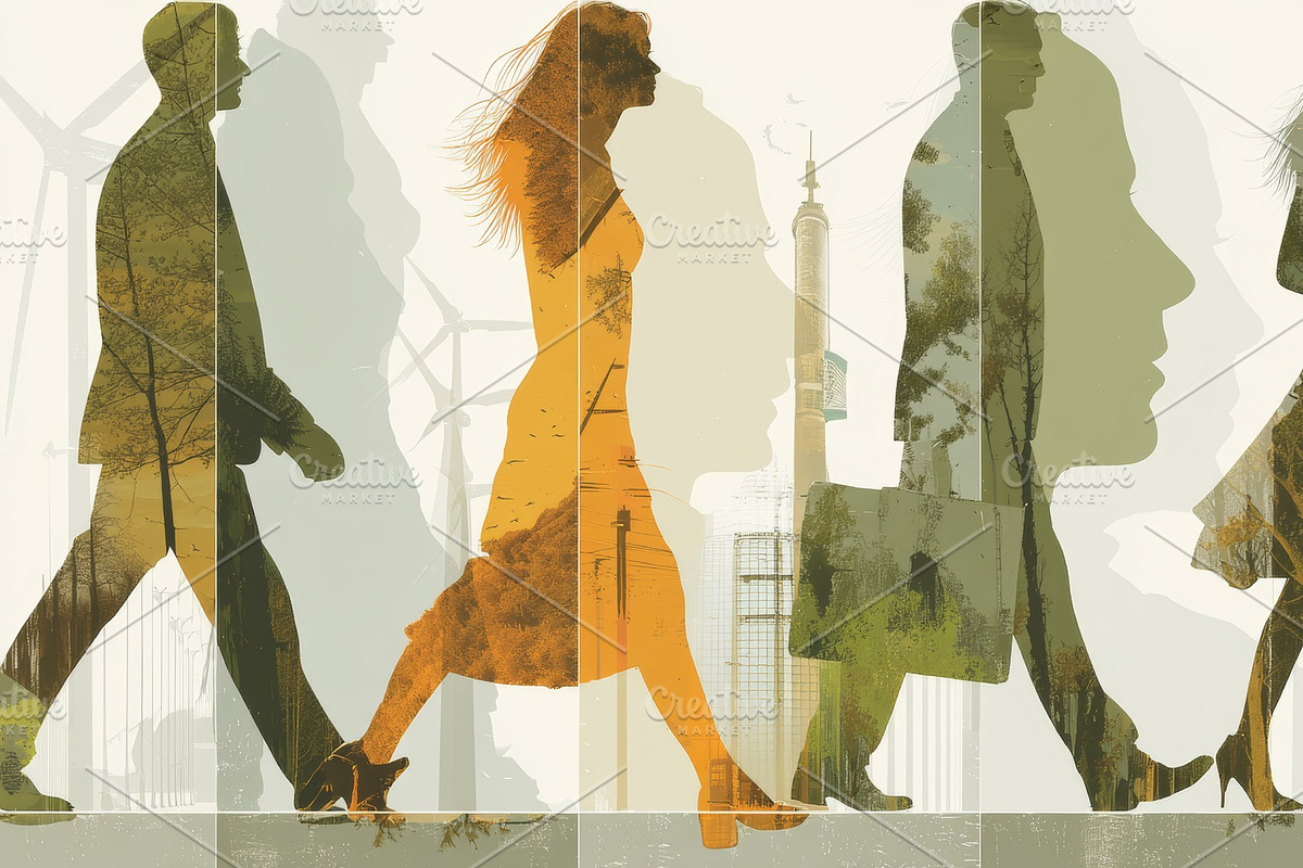People walking in a cityscape with nature silhouettes, symbolizing ecology, bus, an Illustration by AS photostudio