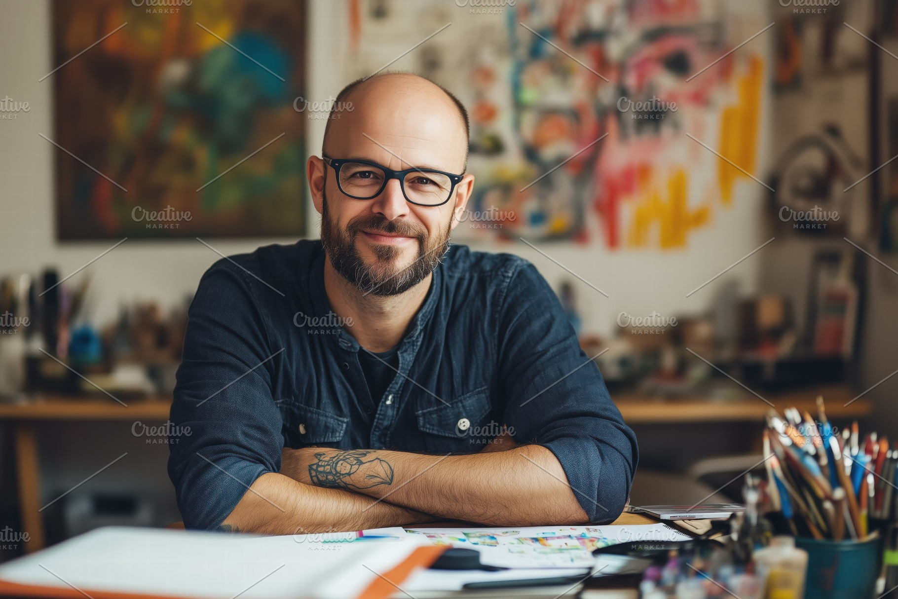A smiling man designer with glasses and a beard sits at a desk filled with art, a Person Photo by Textures & Backgrounds