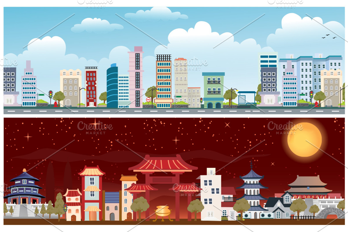 Cityscape Vector Set, an Illustration by Louis D. Wiyono (Photo 2 of 4)