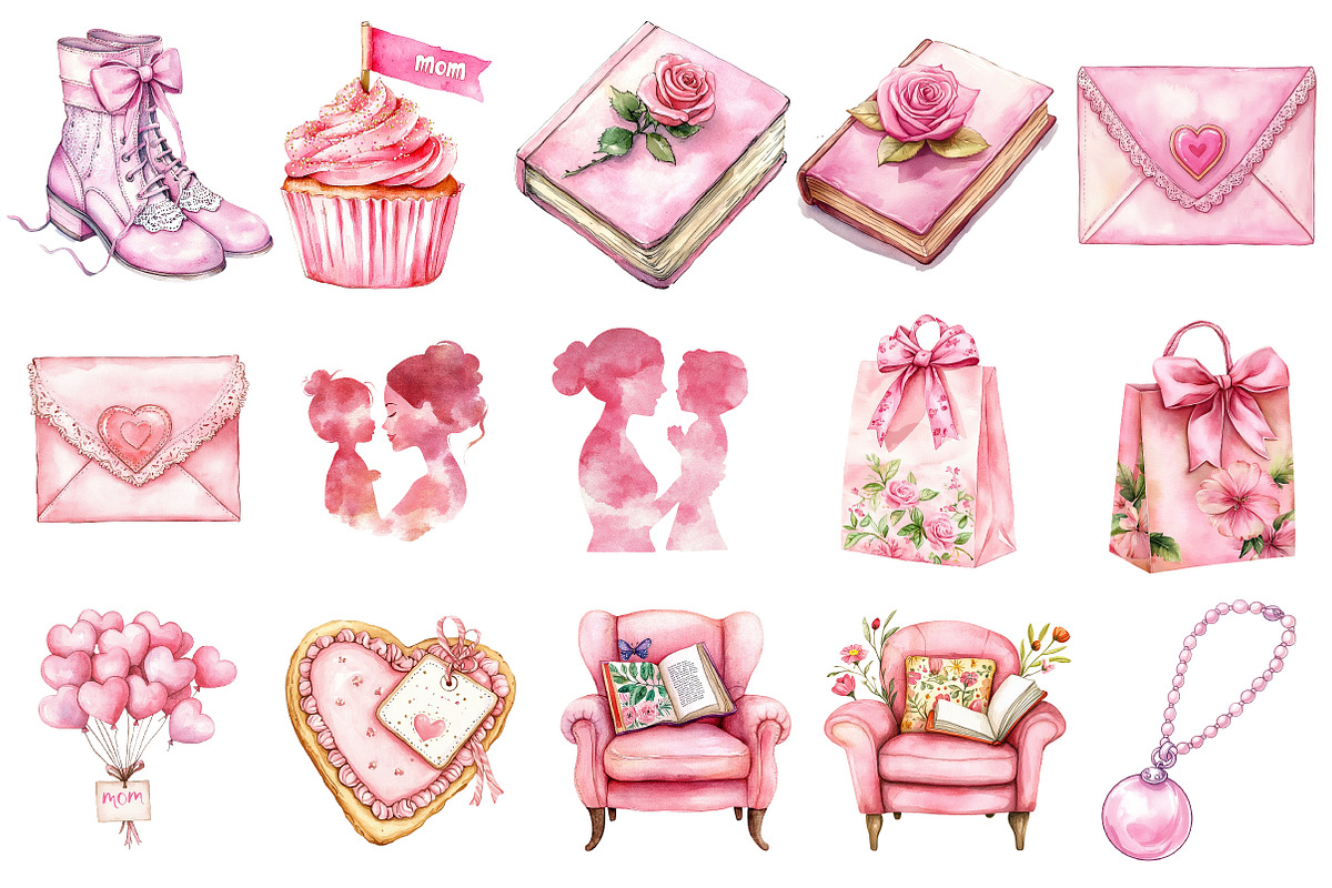 Pink Coquette Mother's Day Clipart, an Illustration by Watercolor design (Photo 2 of 10)