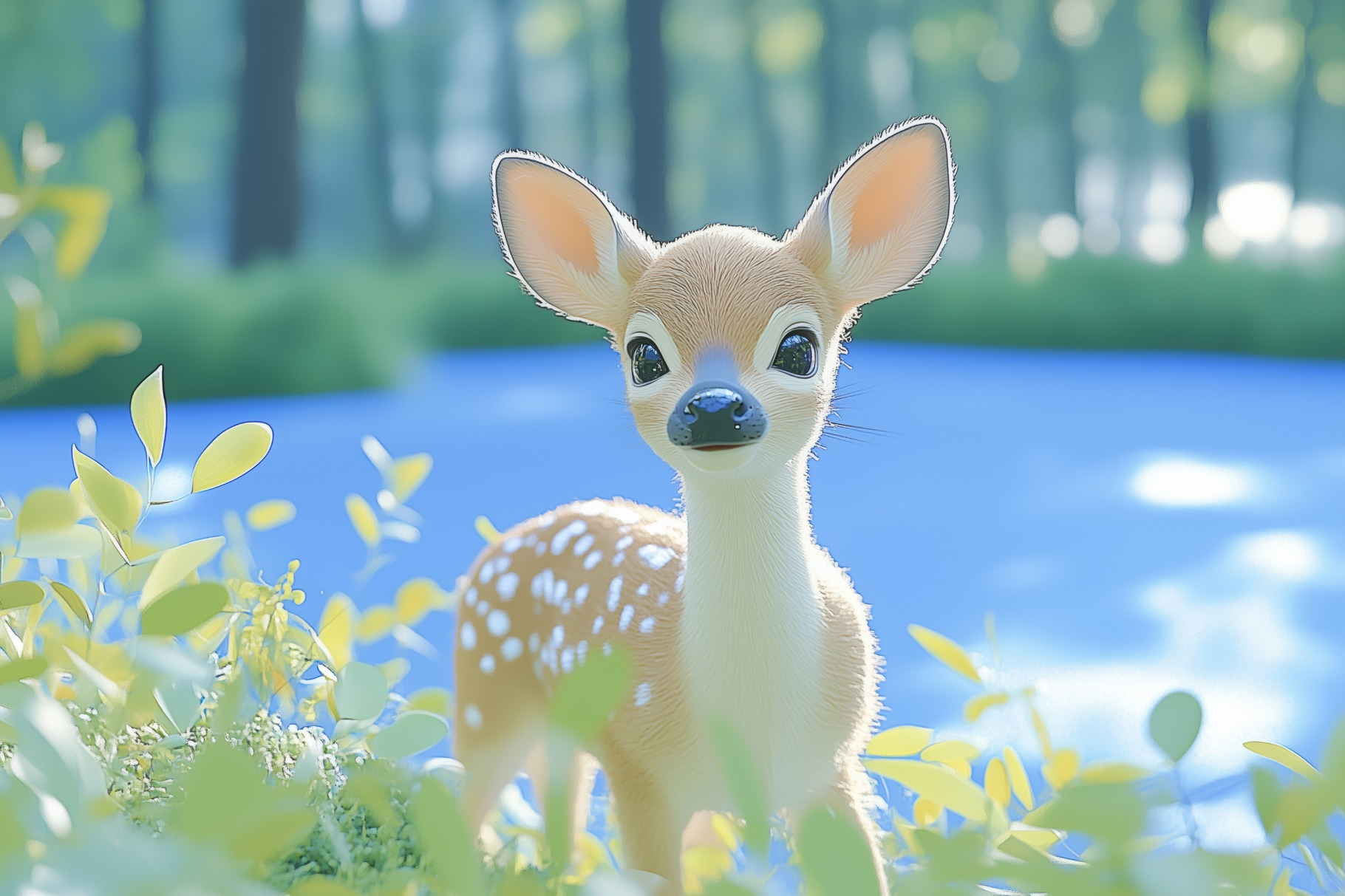 A cute cartoon-style fawn with large expressive eyes and a small nose ...